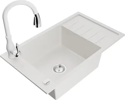 Produktbild von Mexen Elias 1 Becken-Granitspüle mit Abtropffläche und Mischbatterie Savita, Weiß - 6511-20-672601-20
