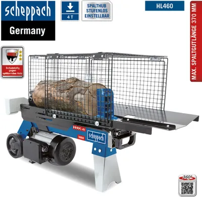 A log splitter is shown with a log inside, against a white background. There are several informational labels and logos around the product.