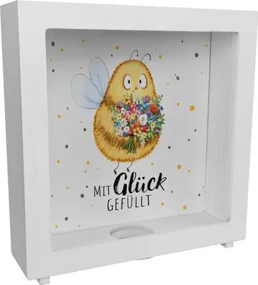 Produktbild von Pummel Biene Rahmen Spardose aus Holz mit Spruch Mit Glück gefüllt