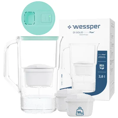 Immagine prodotto di Caraffa filtrante Wessper D1 SOLID FutureFlow™ da 2,8 litri, colore verde menta, con display LED e 3 cartucce filtranti aquamax