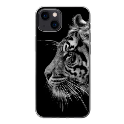 Produktbild von MuchoWow® Handyhülle Schutzhülle Hülle für iPhone 13 mini Tiger auf schwarzem Hintergrund in schwarz und weiß Silikon Softcase Handy Hülle - Softcase