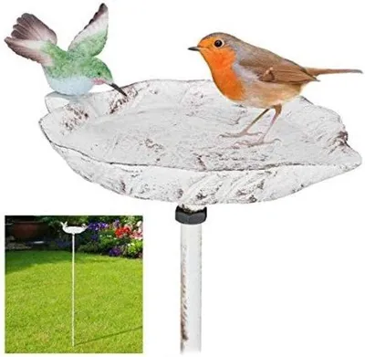 Immagine prodotto di Secchio per uccelli da giardino su palo, livella in ghisa bianca a forma di foglia con disco di pulizia