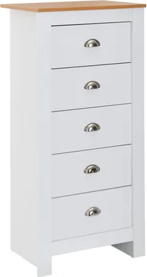 Produktbild von Sideboard mit 5 Schubladen 53x114x39 cm Kommode Weiß / Eiche Modern, Design Anrichte Hoch Schmal, Schubladenkommode Wohnzimmer