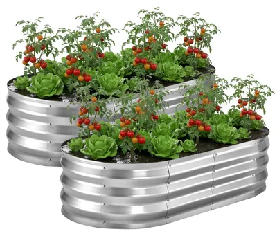 Image de VEVOR Potager surélevé en métal, lot de 2, 120 x 60 x 30 cm, potager ovale, kit de bacs à fleurs pour l'extérieur, potager avec gants, parterre de fleurs, bac à fleurs et légumes, argent