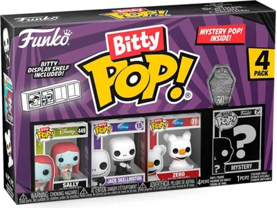 A Funko Bitty Pop! 4-pack featuring characters from The Nightmare Before Christmas, including Sally, Jack Skellington, and Zero, with a mystery pop included.