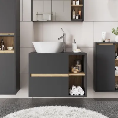 Zdjęcie produktu dla Szafka pod umywalkę Vicco Viola Szary/Artystyczny 80 x 60 cm z 2 szufladami, Model 54869