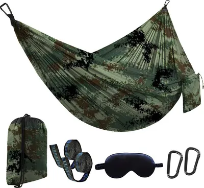 Obrázek produktu pro （Kamufláž）Kempinková houpací síť, ultralehká přenosná padáková houpací síť z nylonu 210T, 270x140 cm, s maskou na spaní pro cestování a venkovní použití