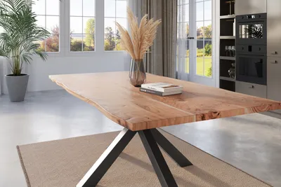 Produktbild von Esstisch Baumkante 220 x 100 cm Akazie natur massiv Spider-Gestell schwarz KALEA