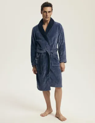 Immagine prodotto di Accappatoio/vestaglia da bagno elegante e morbida per uomo, con colletto rifinito e cintura, colore blu/blu scuro, taglia XL