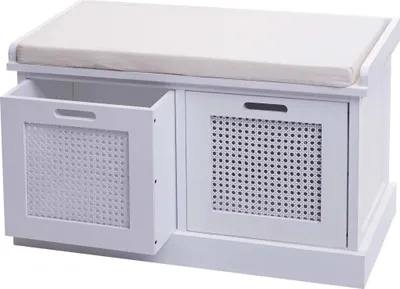 Obrázek produktu pro Lavice HWC-J49, čalouněná lavice šatní lavice, polštáře úložné boxy úložný prostor 47x75x40cm  bílá, čalounění krémově bílá