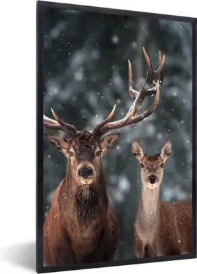 Produktbild von MuchoWow® Gerahmtes Poster Hirsche - Tiere - Winter - Geweih - Schnee - Natur 60x90 cm - Poster mit Schwarzem Bilderrahmen Wandposter Rahmen Foto Bilder - Kunst