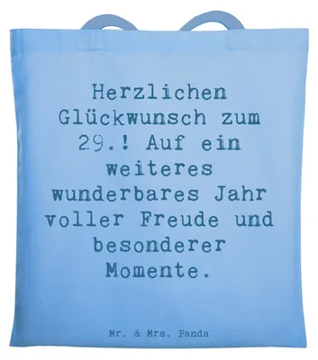Produktbild von Mr. & Mrs. Panda Einkaufstasche Spruch 29. Geburtstag - Sky Blue - Geschenk, Jutebeutel, Happy Birthday, Abenteuer, Geburtstagsgeschenk, Geburtstagswünsche, Schultasche