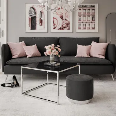 Produktbild von YOSHI Couchtisch Chromgestell, ohne Hocker, Chrom / Schwarzes Glass