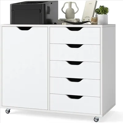 Produktbild von Rollcontainer - Mobiler Aktenschrank - 5 Schubladen - Holz - Mit Arbeitsplatte - Montage erforderlich - Weiß