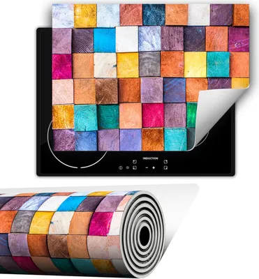 Obrázek produktu pro Kryt na varnou desku, kryt sklokeramické desky, krycí deska 80 x 52 cm, protiskluzová rohož, srolovatelná, mozaika, dřevo, barevná