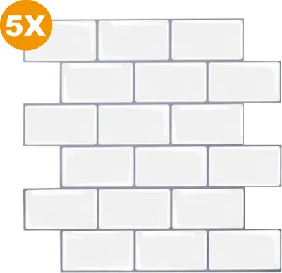 Produktbild von Happyment 3D Wandfliesen Modern Weiß mit grauer Fuge – 5 Stück – Wandsticker – Fliesenaufkleber – Wandpaneele – Selbstklebende Tapete – Küche & Badezimme