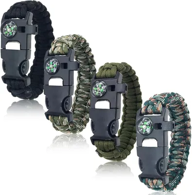 Produktbild von Survival Armbänder 4er-Pack, 5-in-1 Paracord Set, mit Feuerstarter, Kompass, Pfeife, für Camping