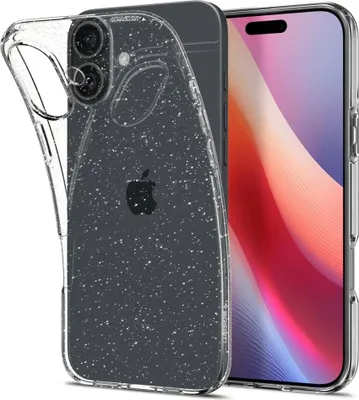 A clear iPhone case with glitter is shown on a white background, with the phone inside the case visible.