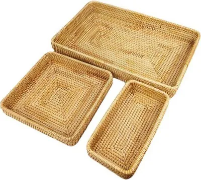 Produktbild von Famanu rechteckiges Rattan Tablett handgewebt - Snack Aufbewahrungskorb - Set von 3