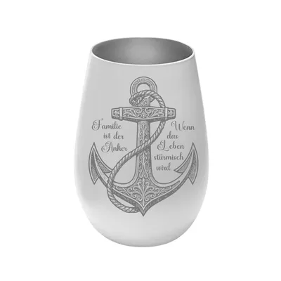 Produktbild von Stölzle Lausitz Windlicht aus Glas weiß silber mit Lasergravur „ Familie ist der Anker...“, persönliches Geschenk für Freunde, Familie und Partner