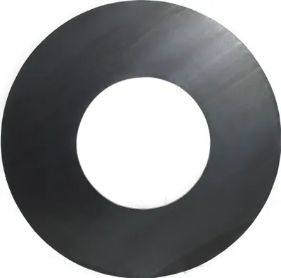 A black metal ring with a hole in the center, presented on a white background.