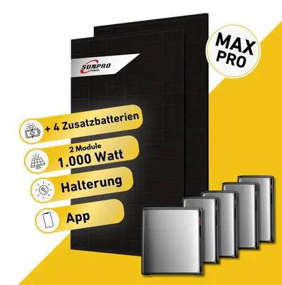 Produktbild von Balkonstrom Balkonkraftwerk 1000W mit Speicher | 4xZusatzspeicher | Fassadenhalterung 15-30Grad | 2xSolarmodul | SunEnergyXT 500 Pro | Kabel 10m