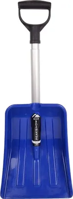 A blue snow shovel with a silver handle and black grip, shown against a white background.