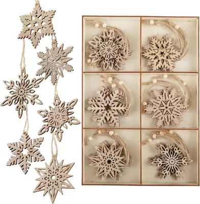 Produktbild von Holz Weihnachtsdekoration Schneeflocken, 7,5 cm, 24 Stück, mit Juteschnur, für Winterdeko