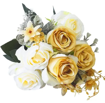 Imagen del producto de 9 flores artificiales, rosas de seda blancas y doradas, ideales para bodas y decoración del hogar