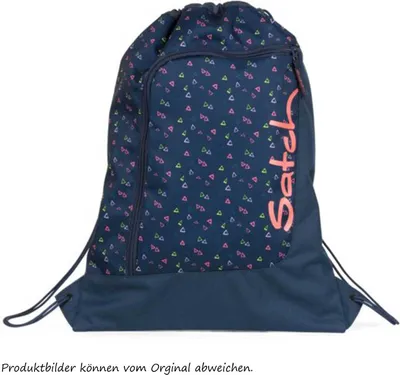 A blue drawstring backpack with a colorful triangle pattern and the brand name "Satch" printed on the side.