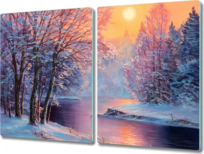 Produktbild von Coloray Herdabdeckplatte 2x40x52 cm Schneidebrett Kochplattenabdeckung Küchenbrett Hackbrett - Winter Baum Fluss Sonne