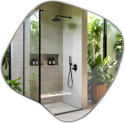 A modern bathroom with a glass-enclosed shower and lush greenery visible outside.
