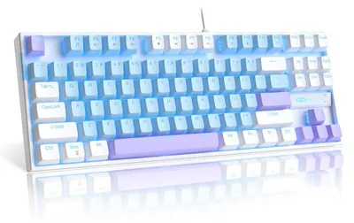 Produktbild von 80% Mechanische Gaming Tastatur mit Blue Switches, 87 Tasten USB Keyboard mit blauer Beleuchtung, kabelgebunden weiß-blau