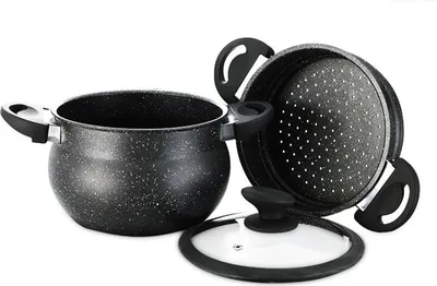 A set of cookware including a pot, a steamer insert, and a glass lid, displayed on a white background.