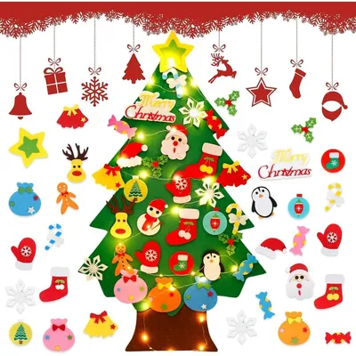 Image de Arbre de Noël en feutre pour enfants 3ft avec éclairage et 32 décorations. Décoration DIY pour mur/porte
