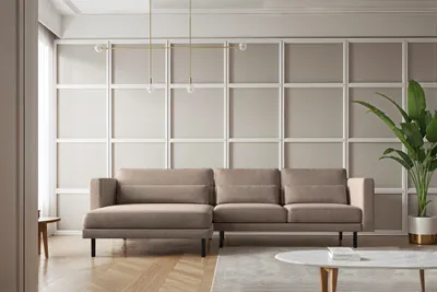 A modern living room setting with a sectional sofa, a coffee table, and a plant.