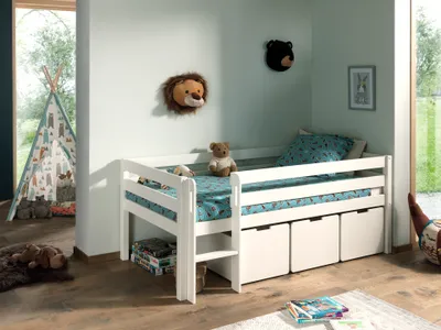 Produktbild von VIPACK Kojen-Spielbett mit Liegefläche 90 x 200 cm, inkl. Leiter, Rolllattenrost und 3 Schubkästen, Kiefer und MDF weiß lackiert