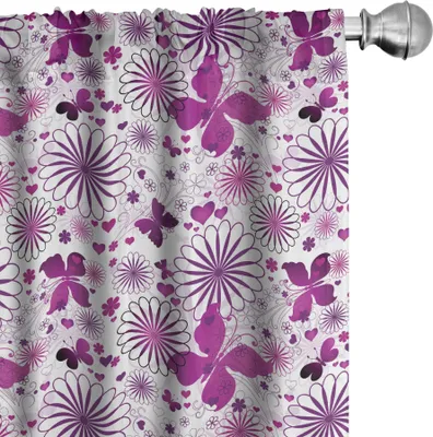 Image de ABAKUHAUS Rideaux papillon, rideaux, motif floral et animalier aux couleurs contrastées, dessinés à la main, motifs naturels vintage, 2 pièces 75 x 175 cm, blanc violet