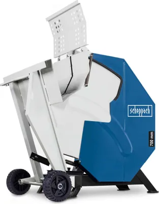 A Scheppach log saw with a blue and white casing, shown against a white background.