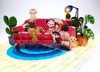 Image de carte de voeux 3D pop-up avec des chiens, design canapé Polka Dot, multicolore