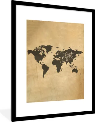 Produktbild von MuchoWow® Gerahmtes Poster Weltkarte - Vintage - Zitate 60x80 cm - Poster mit Schwarzem Bilderrahmen Wandposter Rahmen Foto Bilder - Wohnzimmer - Dekorationen - Prämie