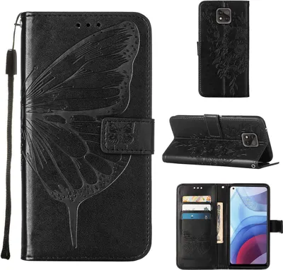 Produktbild von Moto G Power 2021 Hülle, Schmetterling Prägung Flip Leder Kartenfächer Schutzhülle Ledertasche mit Ständer für Motorola Moto G Power 2021 Schwarz