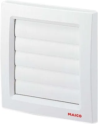 A white ventilation grille with horizontal slats, branded MAICO.