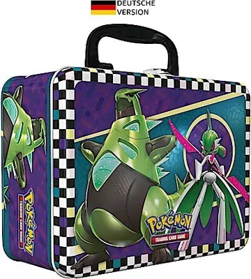 A Pokémon trading card game collection case featuring two Pokémon characters, Brüllschweif and Eisenkrieger, with a checkered border and a German flag indicating the language version.