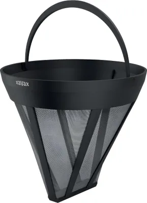 A black coffee filter cone with a handle, shown against a white background.