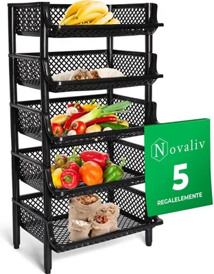 Immagine prodotto di Novaliv 5 pezzi scaffale a cestello nero scaffale a innesto Impilabile ed espandibile, scaffale per dispensa, scaffale per alimenti, scaffale per frutta sistema di stoccaggio per cantina, sistema di organizzazione per dispensa, scaffale per bevande