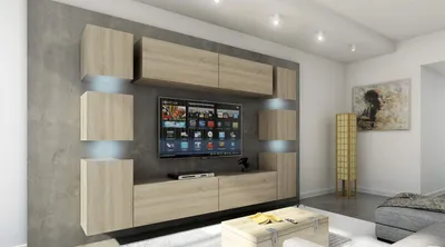 Obrázok produktu pre Furnitech Obývacia stena - Nábytok do obývačky s LED RGB - 16 farieb - Moderná závesná stena - Police a TV skrinka (Future 14_M_S_28 1A - 256 cm)