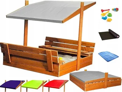 Imagen del producto de Caja de arena de madera con banco integrado, cubierta y tratamiento impermeabilizante. (Gris)