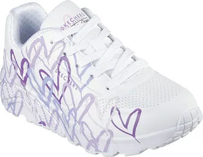 A white sneaker with purple heart designs.