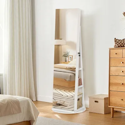 Image de TWOLIIN Miroir Armoire à bijoux Rangement pour bijoux pivotant à 360°avec lampes LED et serrure de sécurité Armoire à glace debout 3 en 1 Miroir de maquillage intérieur 161 x 54.5 x 10 cm Blanc